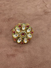 Elegant Floral Kundan Ring with Ruby and Green Enamel Accents